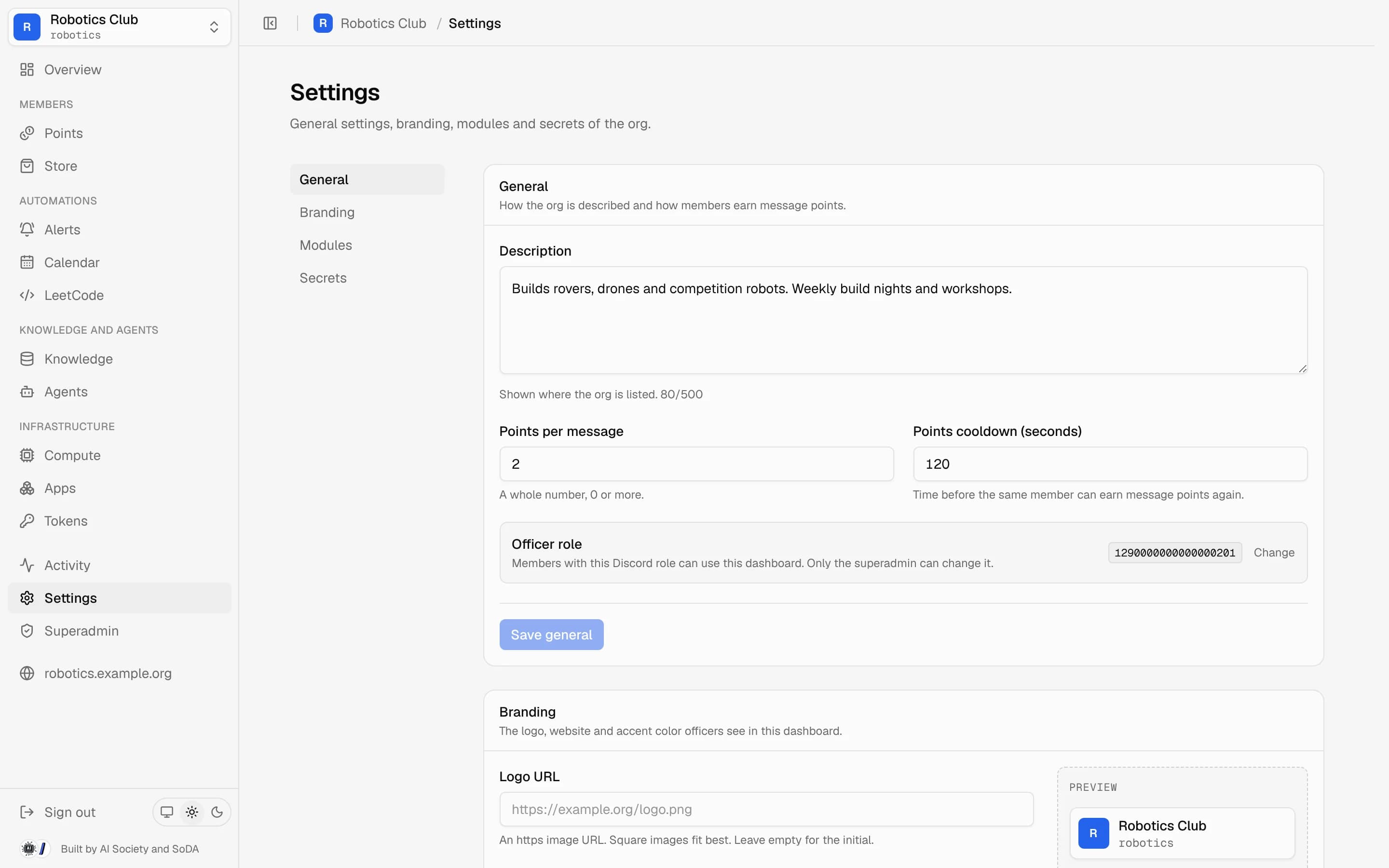 Settings page with a switch for each module