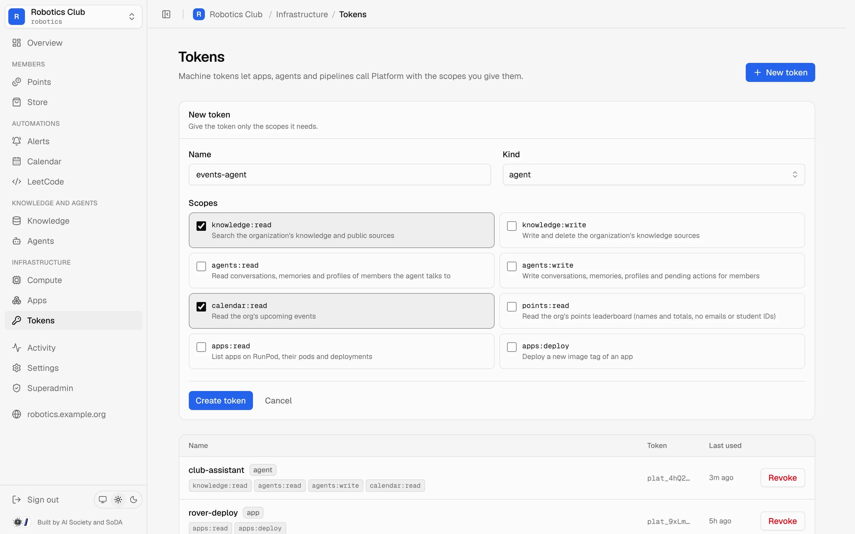 Tokens page with a new agent token and its scopes